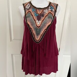 Free People Boho Embroidered Burgundy Top